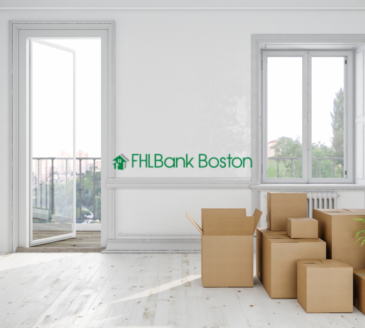FHLB Boston logo over room with moving boxes