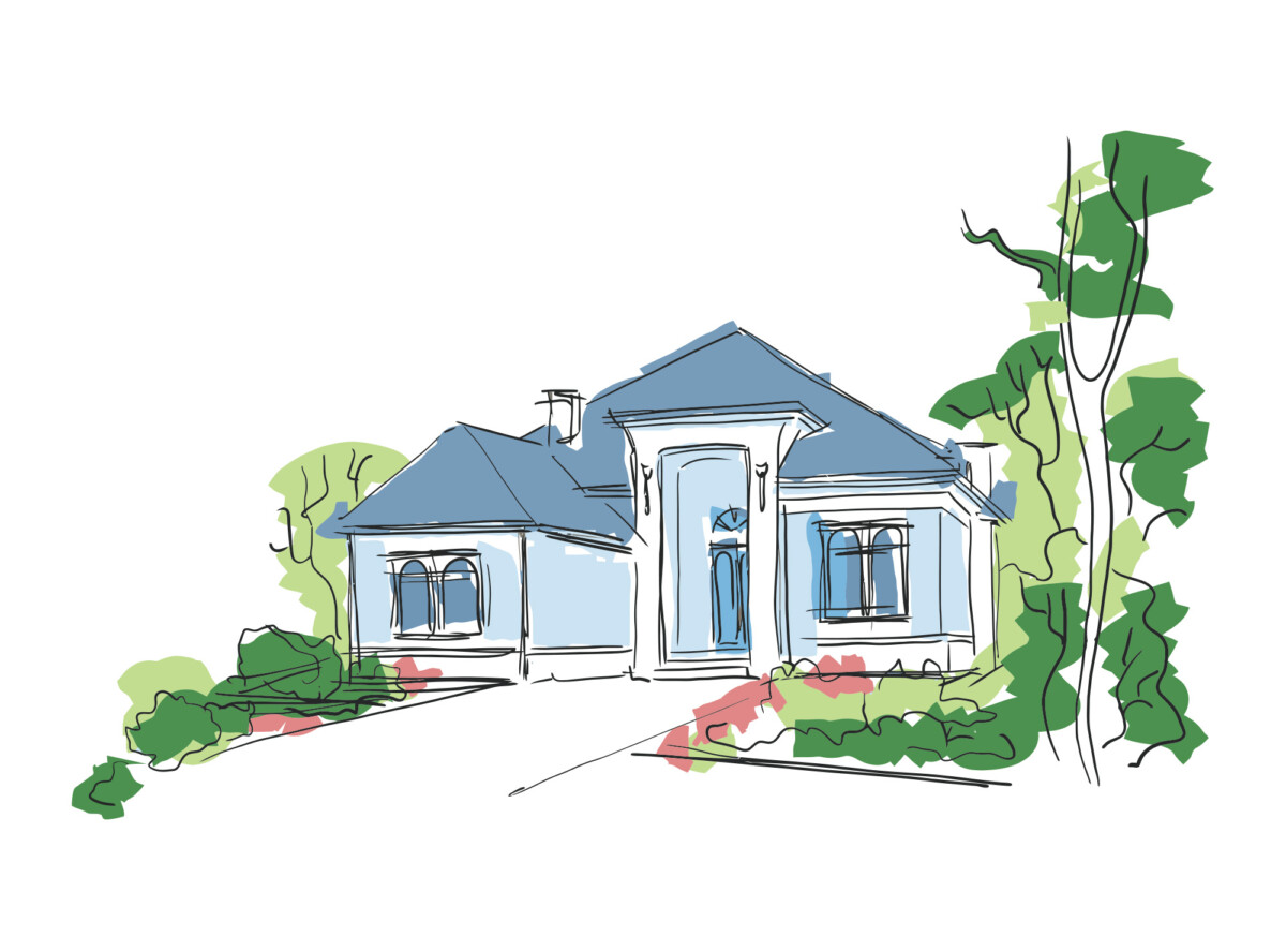 drawing of house with trees
