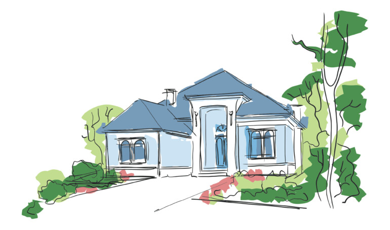 drawing of house with trees