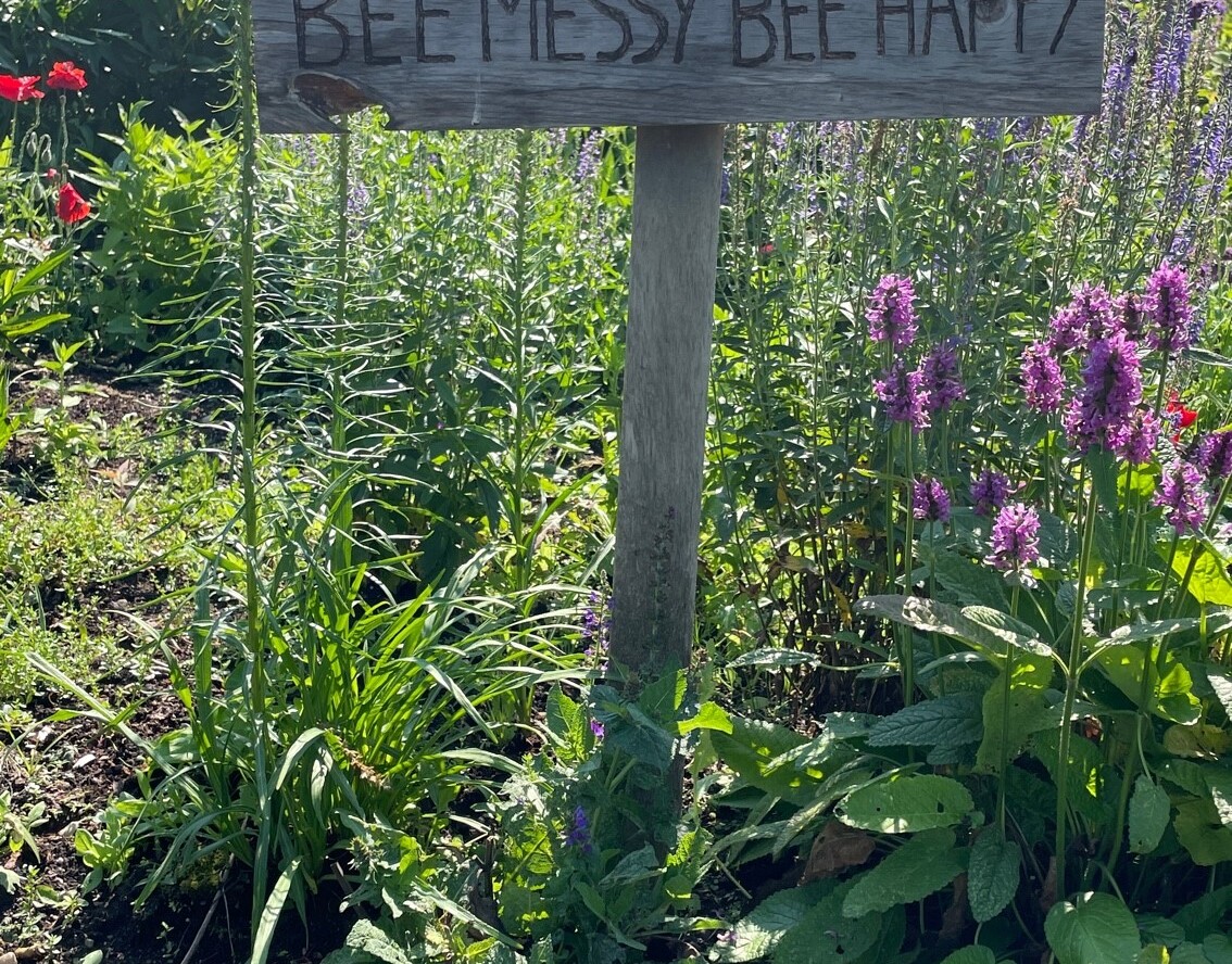 sign says Bee Messy Bee Happy in a garden of flowers