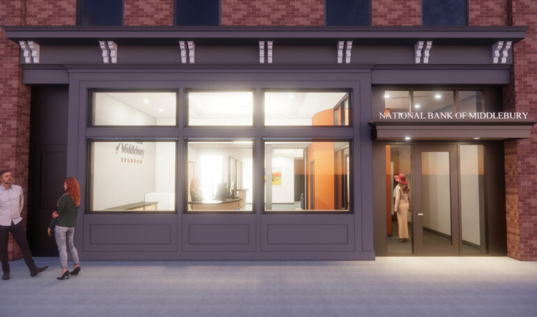 Mock-up image of the front entrance to National Bank of Middlebury's new Brandon location.