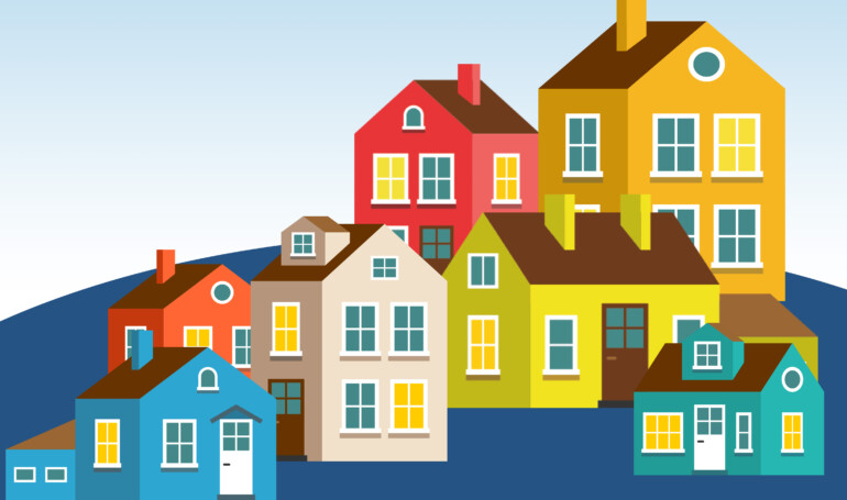 Graphic of different colored buildings.