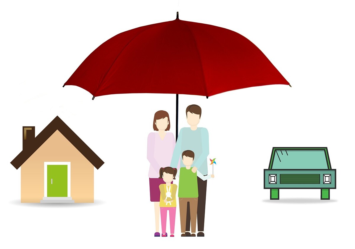 umbrella over family, house, and car