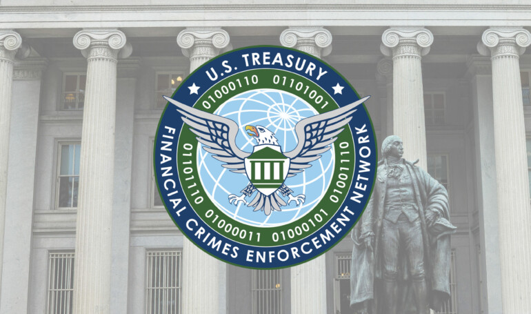 Financial Crimes Enforcement Network logo over Treasury Building